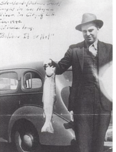 Twenty-five-inch steelhead trout caught in the Los Angeles River near Glendale, in January, 1940. (Courtesy family of Dr. Charles L. Hogue)